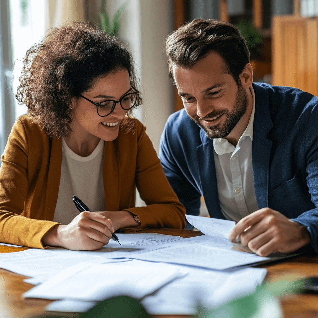 Investor couple closing on DSCR mortgage with zero tax documents required Smiling couple reviewing and signing mortgage loan documents together at a desk in a bright home office.