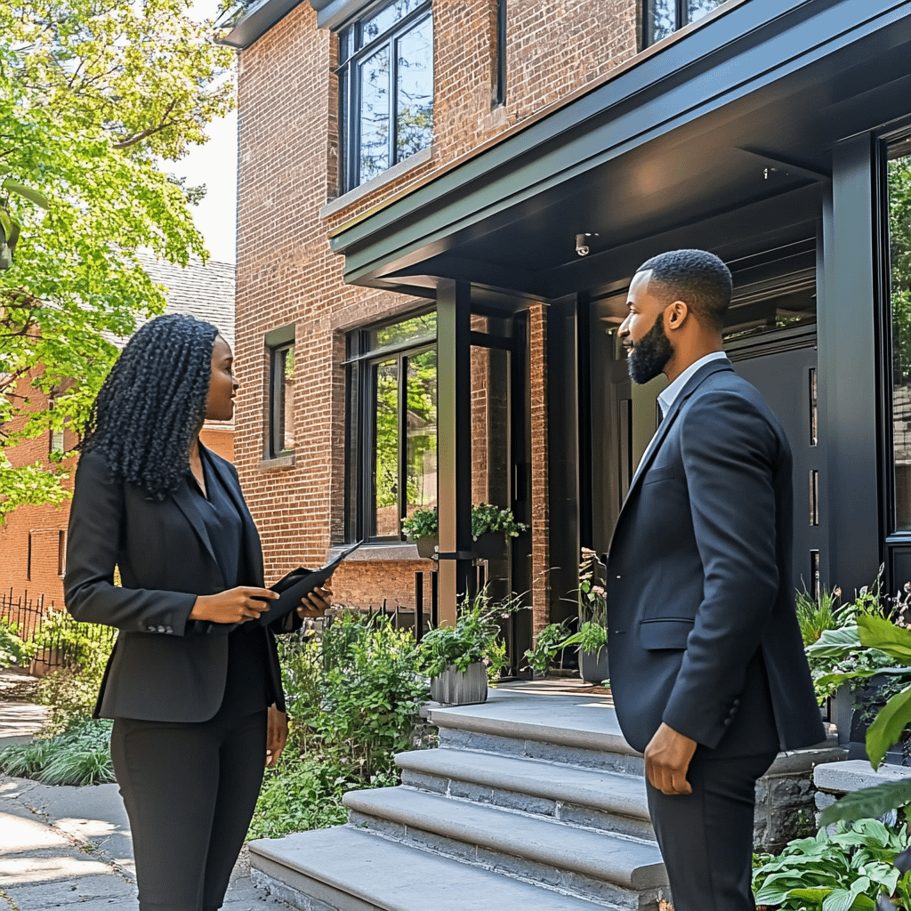 Foreign national investor exploring U.S. property purchase through Non-QM loan Foreign national real estate investor meeting with agent outside U.S. property