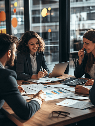 Bank Statement Mortgage Planning Meeting for Self-Employed Borrowers – Nonqmfunds.com Team of mortgage professionals reviewing bank statement loan options for self-employed borrowers at Nonqmfunds.com