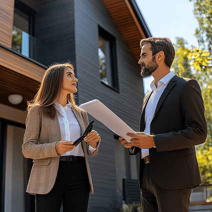 Alternative Mortgage Solutions for Real Estate Investors and Entrepreneurs Real estate investor and loan officer discussing Non-QM mortgage options in front of modern home