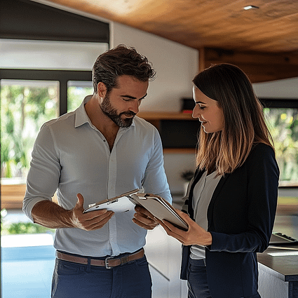 DSCR Mortgage Consultation – Qualify with Rental Cash Flow, No Tax Returns Needed | Nonqmfunds.com Real estate investor and loan advisor reviewing DSCR mortgage options for financing a rental property without income verification